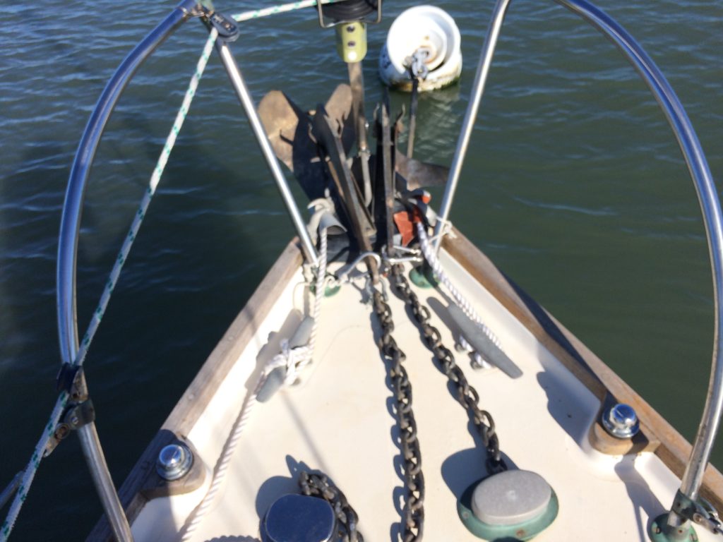 Bow of boat with current ground tackle