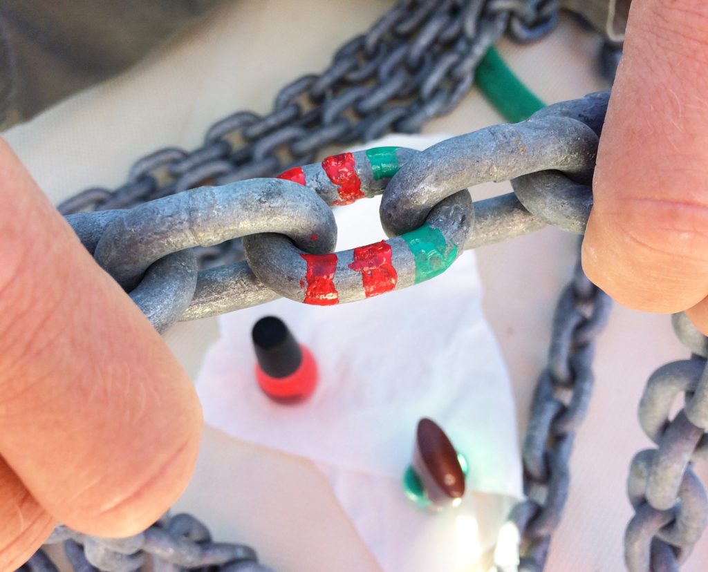 Anchor chain with two red lines of nail polish and one green line. This indicates 125 feet of chain