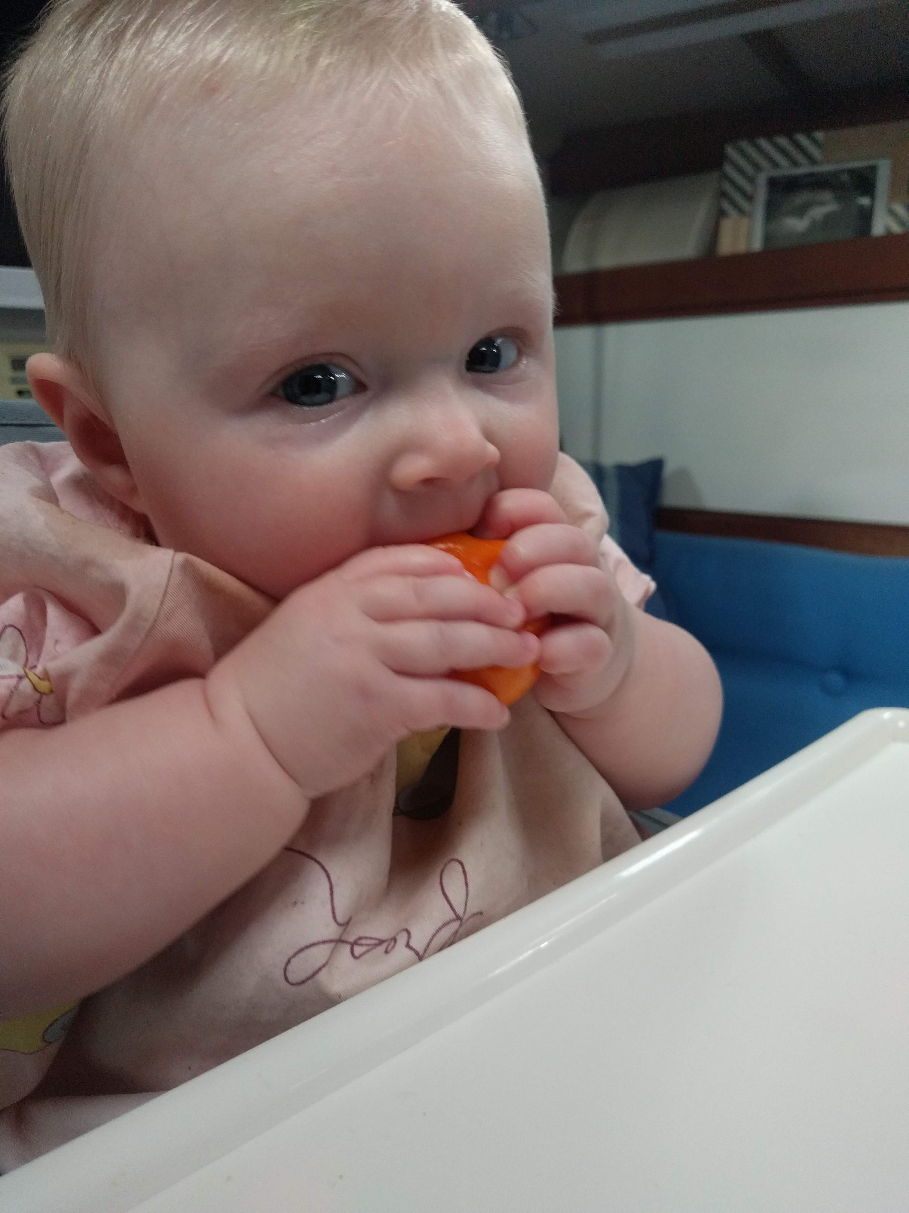 Naomi gumming on a clementine